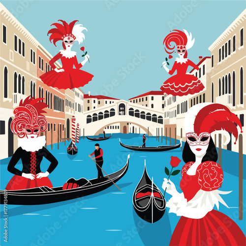 Venetian Carnival Vector Illustration Gondolas, Masks, and Costumes in a Scenic Canal 1