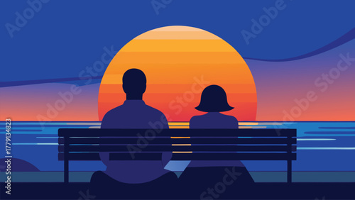 Couple silhouetted on bench watching a vibrant sunset over the ocean Illustrations