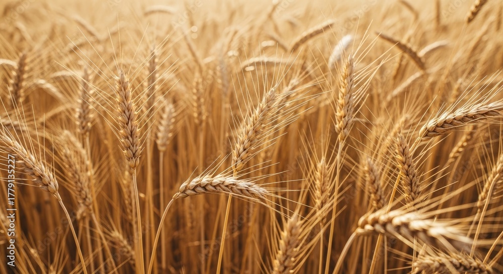 Fototapeta premium A golden wheat field with sunlight shining through the ears.