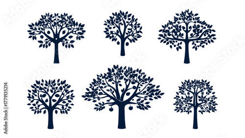 Orchard tree set: a collection of elegant illustrations of flourishing trees, the leaves of which create a sense of life, harmony and peace.