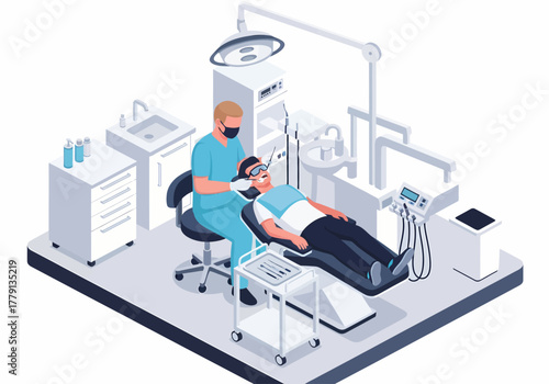 Isometric vector illustration of a modern dental clinic where a dentist performs a procedure on a male patient lying in the chair