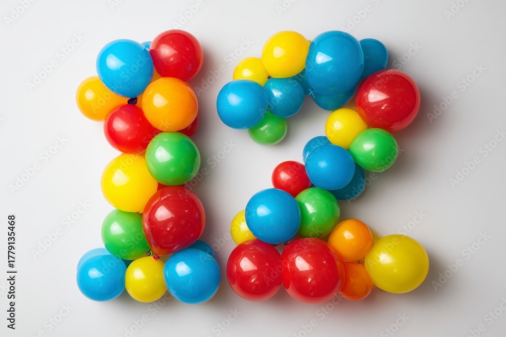 Obraz premium Colorful Balloons Forming the Number Twelve on White Background