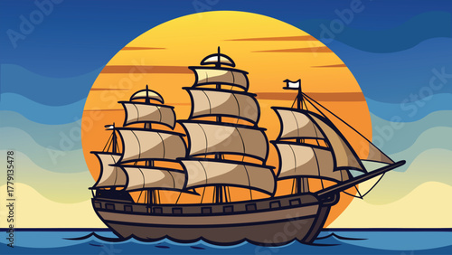 Vintage tall ship sailing on the ocean at sunset