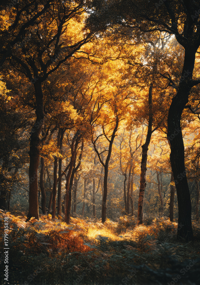 Fototapeta premium Golden forest autumn light tall tree warm glow