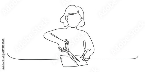 Woman cutting paper with scissors, continuous line drawing vector art.