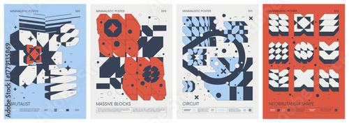 Futuristic abstract graphic wireframe elements of geometric shapes rave composition, Brutalism style vector minimalistic Posters with silhouette postmodern figures, Trendy color print artwork set 98