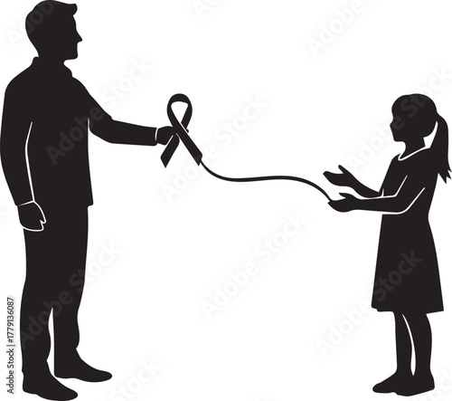 Father and child silhouette sharing red ribbon symbolizing world aids day support and awareness