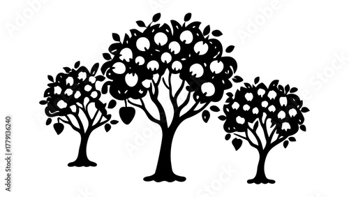 Harvest's Embrace: A monochrome illustration of three apple trees, laden with ripe fruit, standing as a testament to nature's bounty. The image evokes feelings of abundance, simplicity.