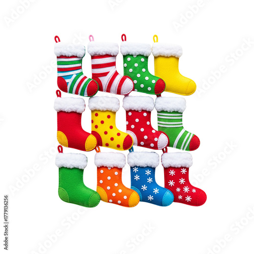 Set of twelve colorful patterned felt Christmas stockings isolated on white background