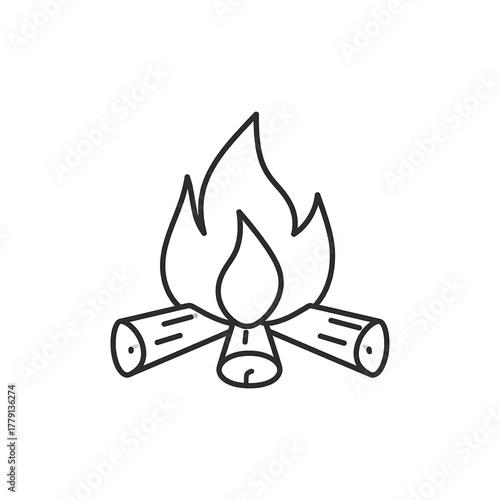 Minimalist black outline of a campfire with burning flames and wood logs