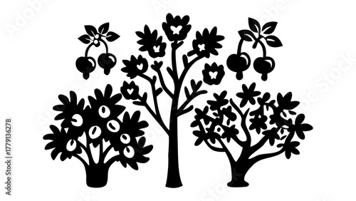 Orchard Silhouette: A collection of stylized fruit trees with abundant leaves and ripe cherries, representing the season's bounty in a simple, elegant monochrome design.