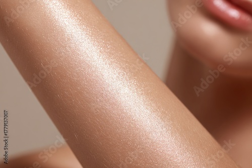 Macro close-up of woman arm with luminous glowing skin and delicate highlights in neutral tone