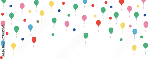 Colorful balloons and confetti falling from above on a white background