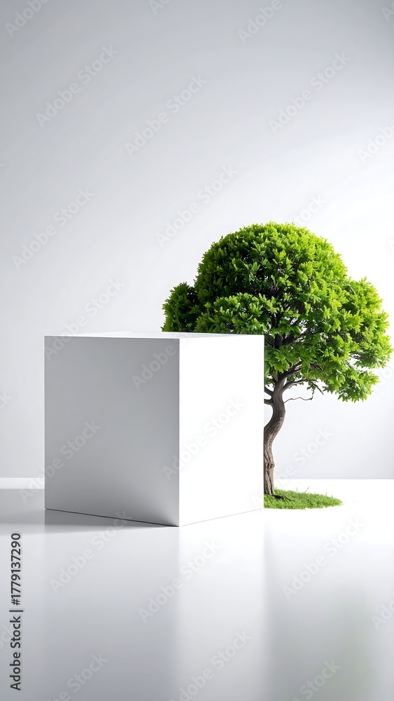 Obraz premium Minimalist image of a cube beside a small vibrant green tree