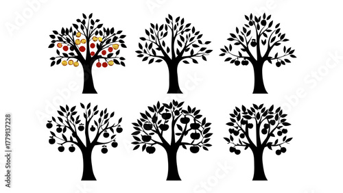Tree Silhouette Collection: A set of stylized tree silhouettes offers a versatile visual element for diverse design applications. These images can be used for various purposes like graphic design.