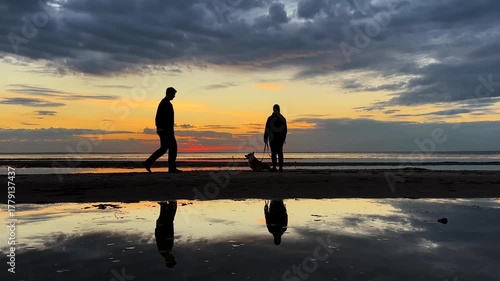 Happy family walks with a dog