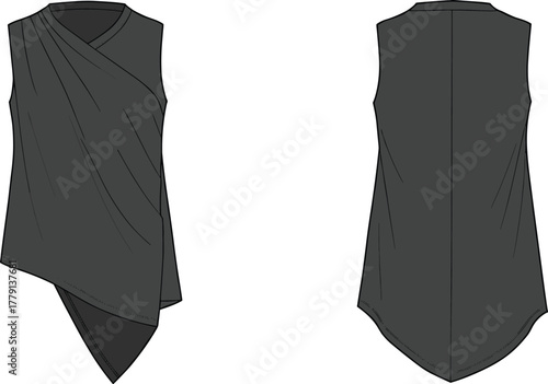 Elegant black sleeveless draped wrap blouse with asymmetrical hem, modern women’s fashion top flat sketch front and back