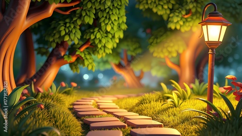 Enchanting Garden Path with Vintage Lamp Post, Lush Greenery, and Soft Golden Light