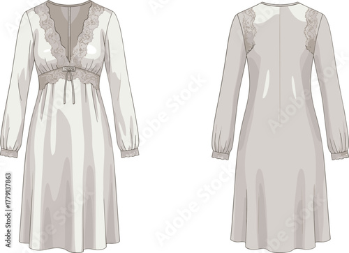 Elegant long sleeve lace nightgown fashion flat sketch front and back view women luxury sleepwear design illustration