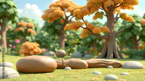 Whimsical Autumn Forest Landscape with Cartoon Trees and Smooth Stones on Green Grass