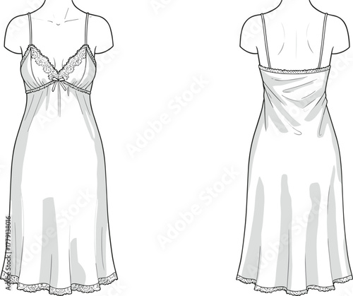 Elegant satin lace slip dress front and back fashion flat, stylish nightwear design illustration for apparel collection