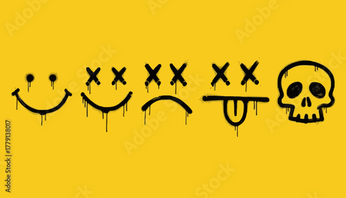Urban graffiti art sequence illustrating a spectrum of emotions, from happy smileys to a skull, with dripping paint effects on a bright yellow background, representing diverse street expressions