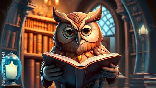 Wise Owl Professor Reading Book in Cozy Library, Surrounded by Bookshelves and Antique Lamp