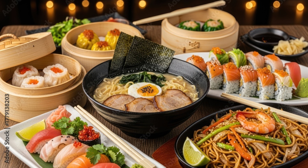 Obraz premium A table filled with various Asian cuisine dishes, including sushi, ramen, and tempura.
