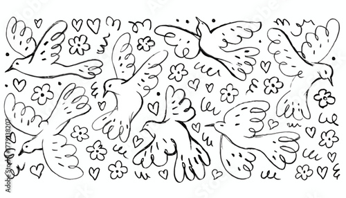 Charming hand-drawn seamless pattern of flying peace doves surrounded by hearts and flowers, a joyful and romantic line art illustration