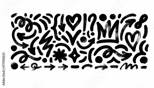 Collection of hand-drawn graphic elements and symbols including arrows, hearts, question marks, and abstract shapes for creative design projects