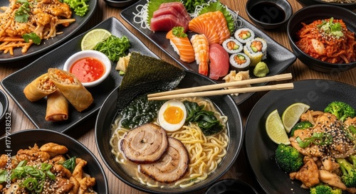 A table filled with various Asian cuisine dishes, including ramen, sushi, and stir-fries.