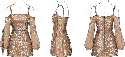 Elegant sequin mini dress with off shoulder long sleeves, golden shimmer fabric, fashionable evening party outfit design illustration