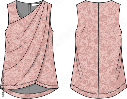 Elegant sleeveless draped floral blouse with soft pink fabric, stylish women’s top design front and back fashion illustration