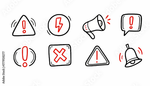 Warning Signs and Notification Icons Hand-Drawn Symbols for Alerts and Messages