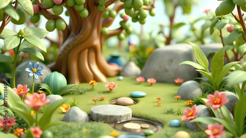 Whimsical Garden Landscape with Fruit Tree, Flowers, and Smooth Stones