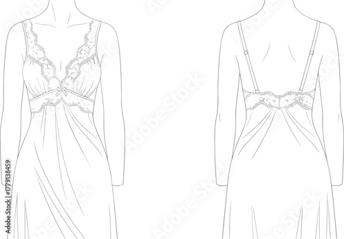 Elegant women lace long nightgown fashion flat sketch front and back view luxury sleepwear design illustration template