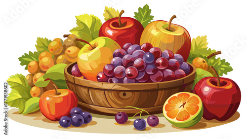 Very beautiful close-up of apples and grapes in wooden bowl on white background, realistic harvest still life with warm tones.