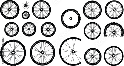 Set of various bicycle wheels and tires with different spoke patterns, realistic black vector illustration for design use