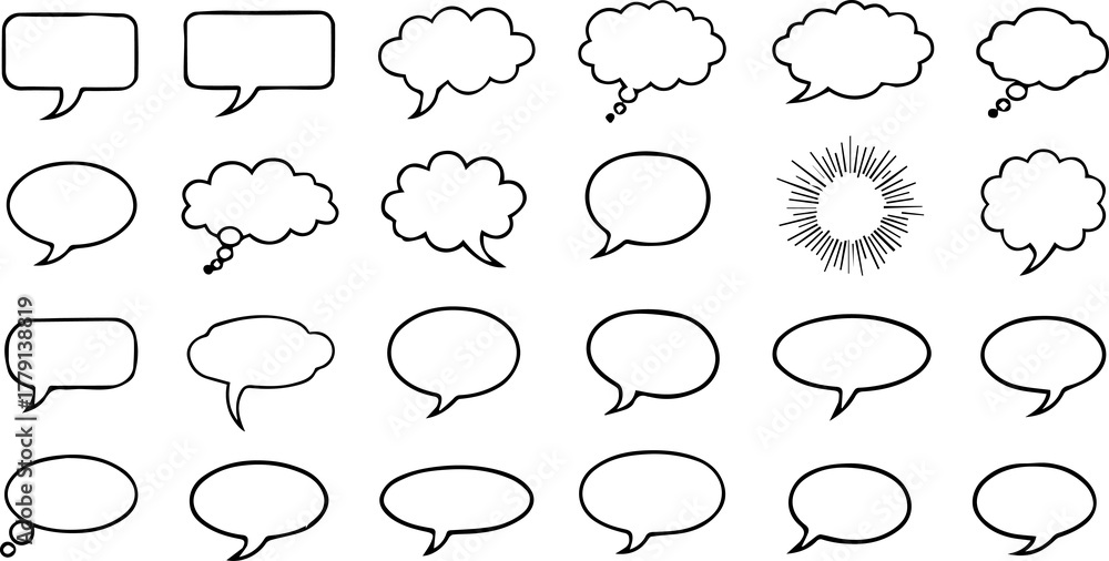 Fototapeta premium Set of hand drawn speech bubbles collection of doodle style comic balloon, cloud shape for text message, talk, idea vector illustration