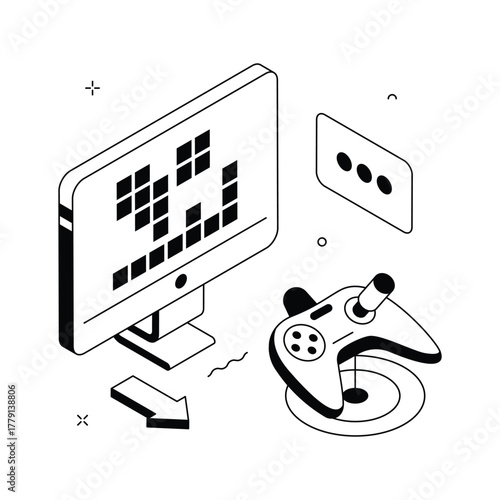 Modern isometric illustration showing a computer gaming setup with joystick, monitor