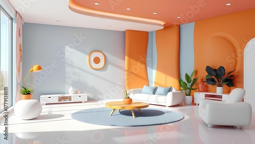 Modern Living Room with Bright Orange and Blue Accents, White Furniture, and Large Windows