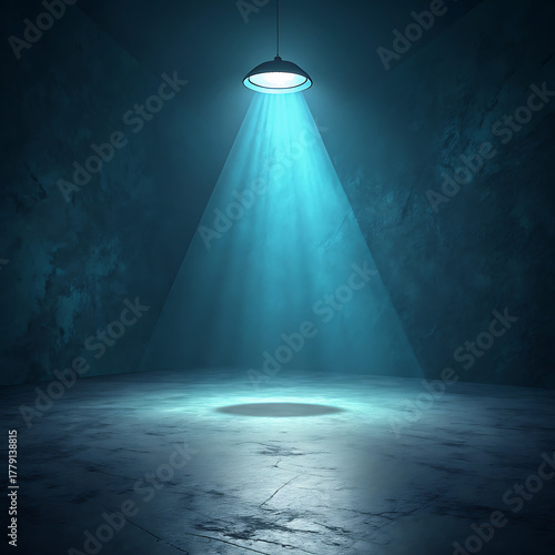 Minimalist studio scene with dramatic blue spotlight creating atmosphere and focus illustration