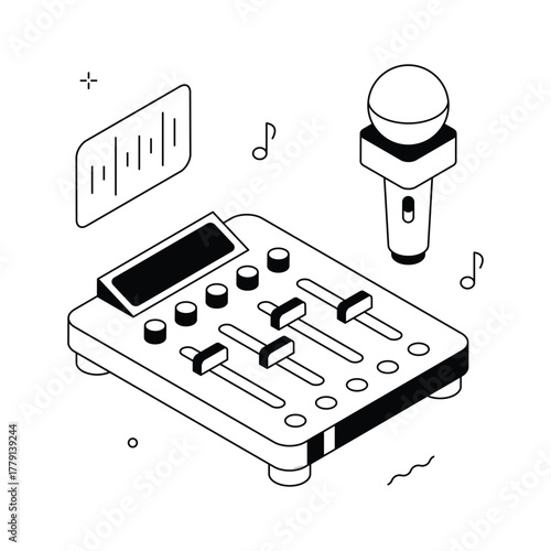 Isometric audio mixer with microphone and sliders, perfect for DJ, podcast, or studio