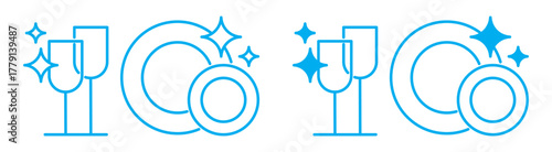 Clean dishes and glasses line icon set. Sparkling plates and glasses symbols for kitchen hygiene, dishwashing, cleaning service, and household care design. Editable stroke, transparent background.