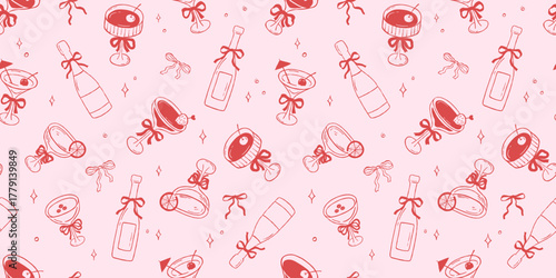 Seamless pink pattern with whimsical cocktail, hand drawn modern texture background, allover girly print