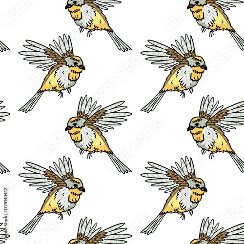 Pattern with hand-drawn birds with a black outline, color illustration of a fluffy yellow-brown bird. Seamless texture with birds flying sideways. Wildlife, perfect for prints, textiles, naturalistic