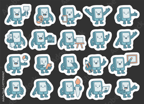 Smartphone guide character set showing adorable devices with friendly different emotions and poses teaching communication creativity education presentation and learning for modern design projects