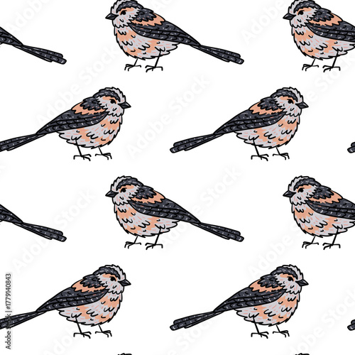 Pattern with a hand-drawn bird with a black outline, a color illustration of a fluffy pink-gray bird. Standing sideways in a repeat. Wildlife texture, perfect , prints, textiles, naturalistic design