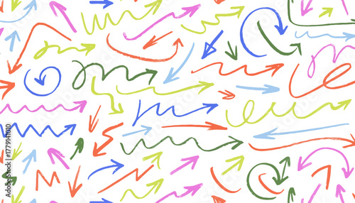 Vibrant hand-drawn arrow doodle pattern featuring a multitude of colorful directional symbols pointing in diverse orientations, perfect for creative backgrounds and playful design elements