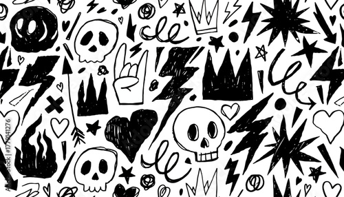 Dynamic seamless pattern featuring edgy hand-drawn elements like skulls, thunderbolts, hearts, and stars in a bold, rebellious doodle style